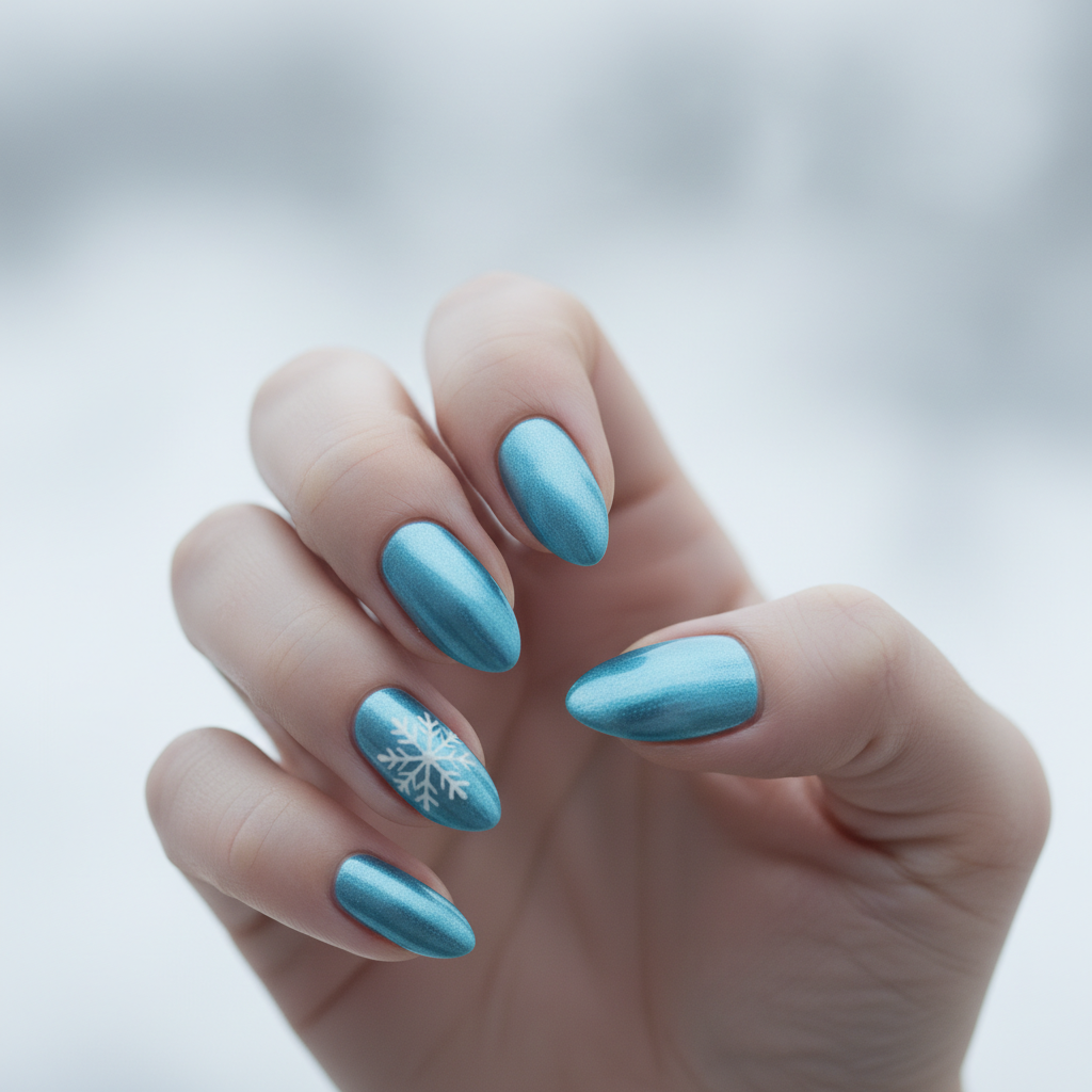 Winter Icy-blue Chrome Almond Nails With a Single Hand-painted White s