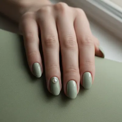 Sage Green Pastel Oval Nails With One Pearl Set on The Ring Finger