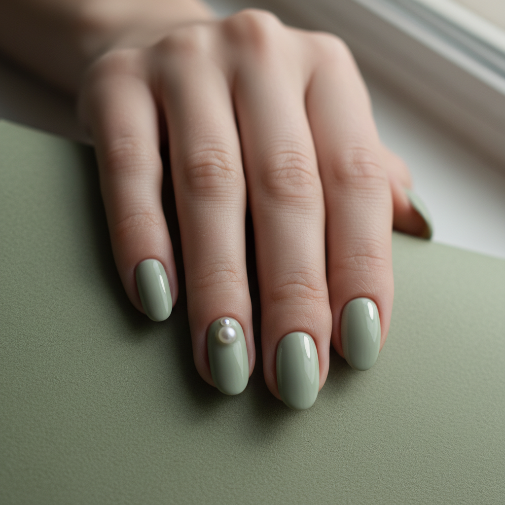 Sage Green Pastel Oval Nails With One Pearl Set on The Ring Finger