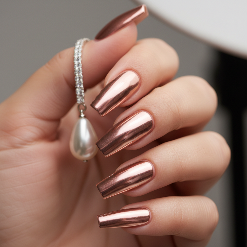 Rose-gold Chrome Long Coffin Nails