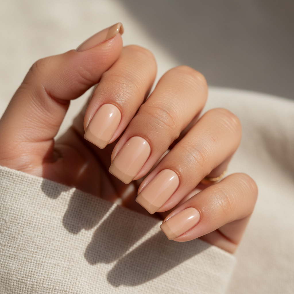 Beige Warm Neutral Squoval Nails With a Thin Tonal Micro-french Tip