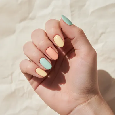 Butter Yellow Pastel Oval Nails — Soft Skittles Palette With One Peach