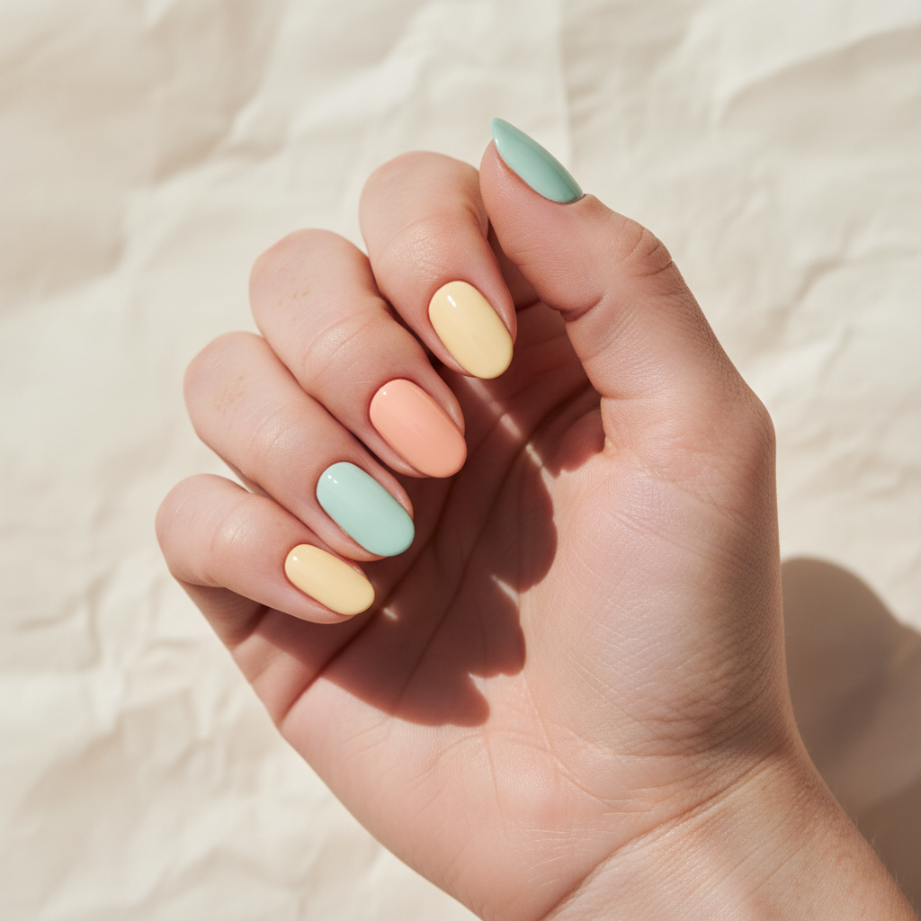 Butter Yellow Pastel Oval Nails — Soft Skittles Palette With One Peach
