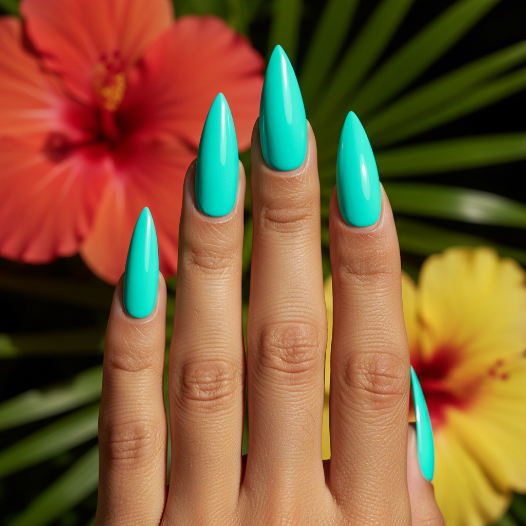 Electric Turquoise Neon Stiletto Nails