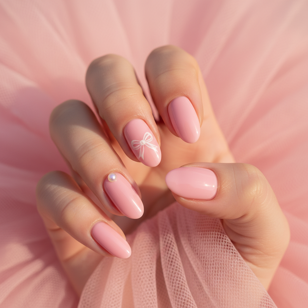 Pastel-pink Coquette Short Almond Nails With One Tiny Hand-painted Bow