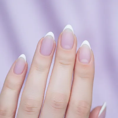 Sheer Matte Lavender Almond Nails With a Fine White Micro-french Tip