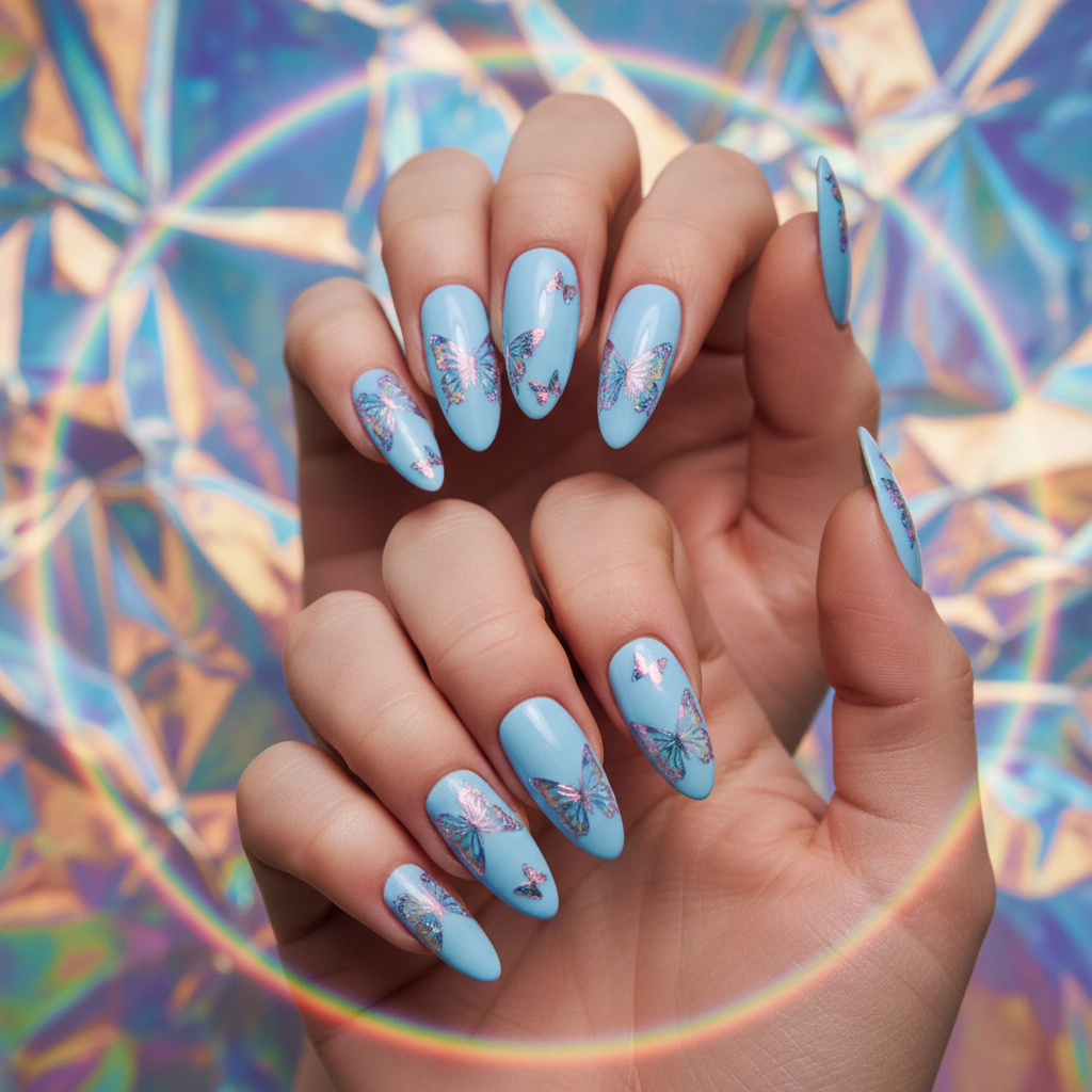 Y2K Butterfly-decal Long Almond Nails on a Baby-blue Base