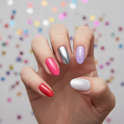 Birthday Party Multi-color Skittles Short Almond Nails — One Finger gl
