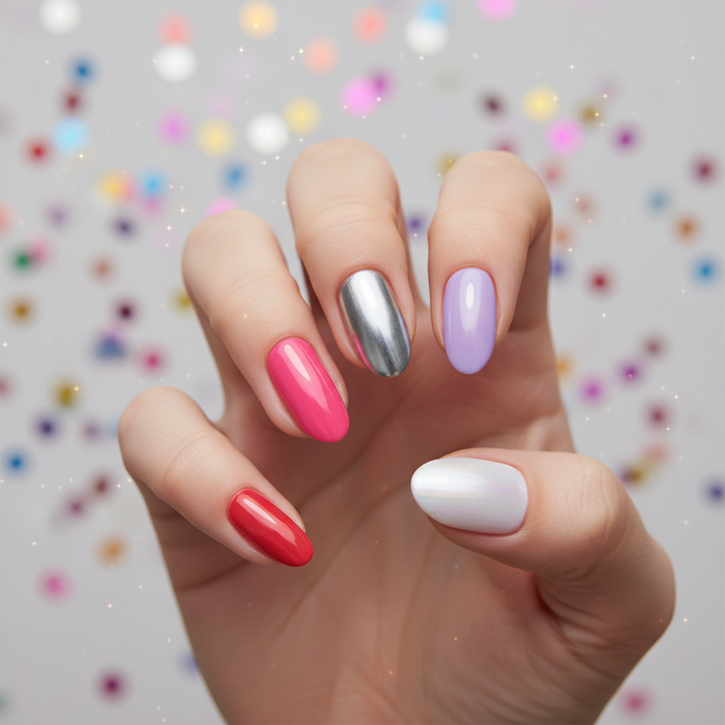 Birthday Party Multi-color Skittles Short Almond Nails — One Finger gl