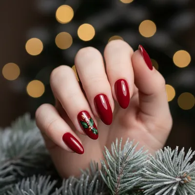 Christmas Almond Nails With a Tiny Hand-painted Holly Leaf And Gold-fl