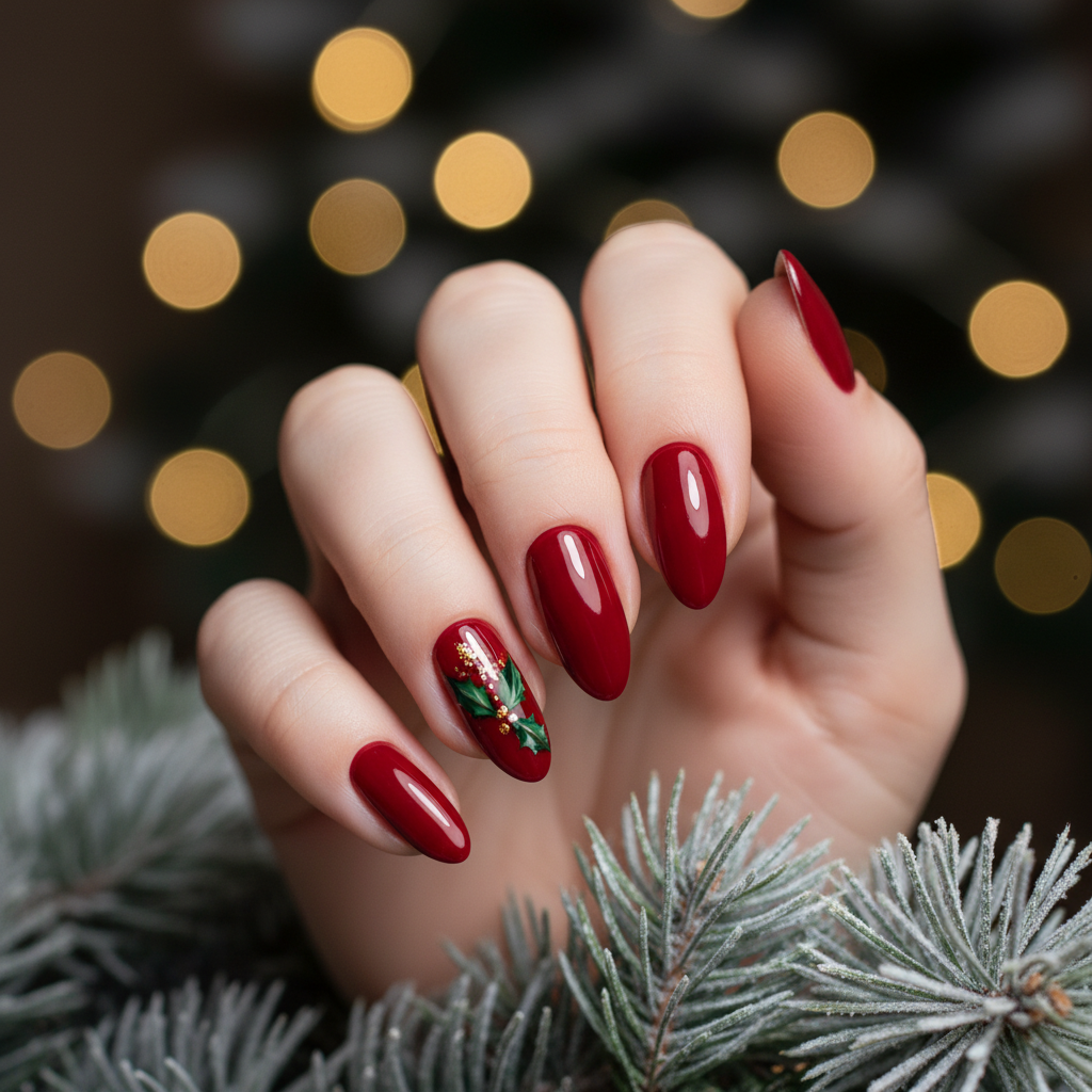 Christmas Almond Nails With a Tiny Hand-painted Holly Leaf And Gold-fl