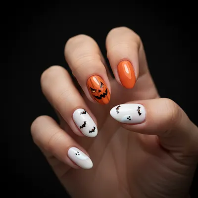 Halloween Short Almond Nails With a Hand-painted Jack-o-lantern Face o