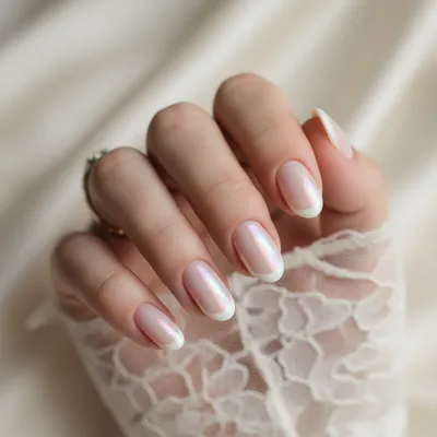 Wedding Bridal Oval Nails With Delicate Pearl-french Tips on a Milky b