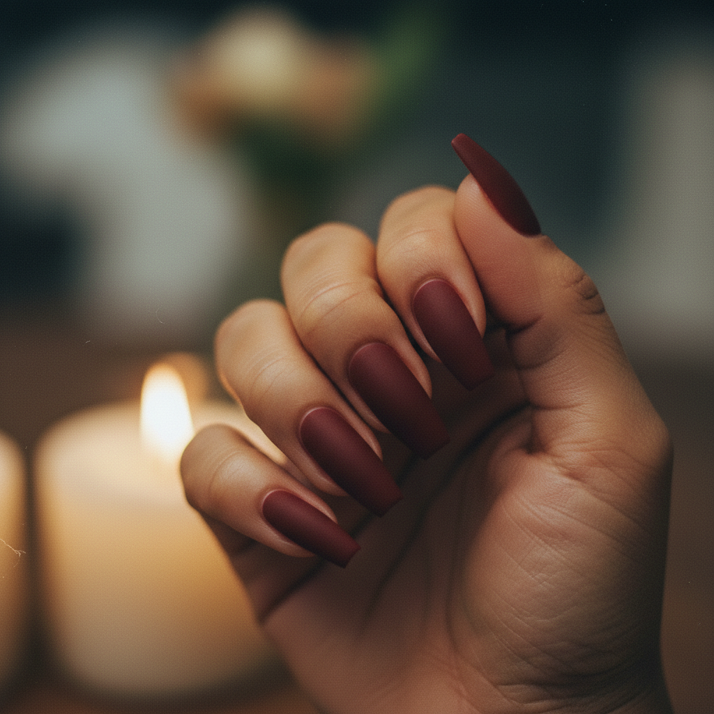 Date-night Oxblood Matte Long Coffin Nails