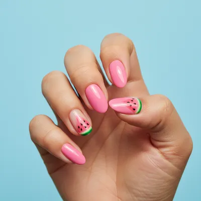 Summer Watermelon-print Short Almond Nails — Tiny Hand-painted Waterme