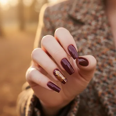 Fall Maple-leaf Accent Burgundy Long Coffin Nails — Single Hand-painte