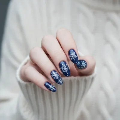 Winter Snowflake-painted Navy Almond Nails — Delicate Hand-painted Whi