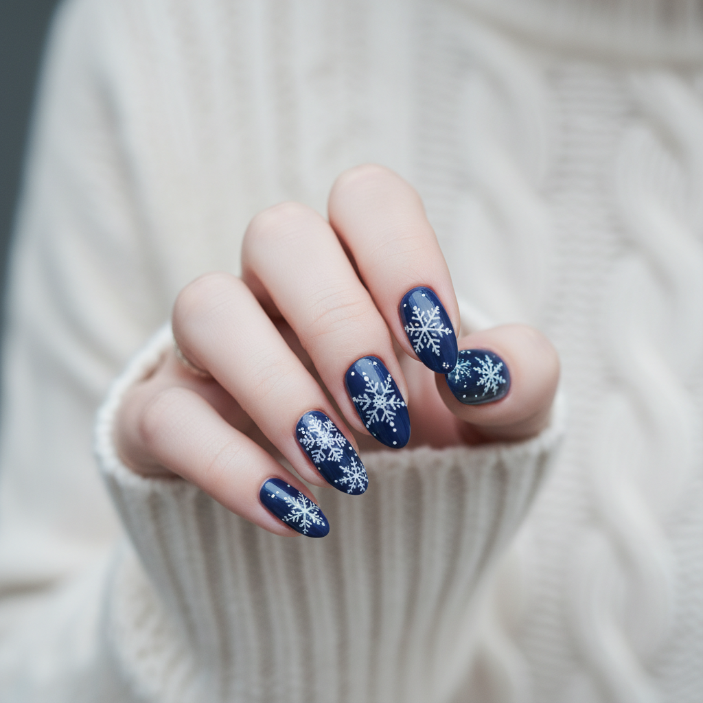 Winter Snowflake-painted Navy Almond Nails — Delicate Hand-painted Whi