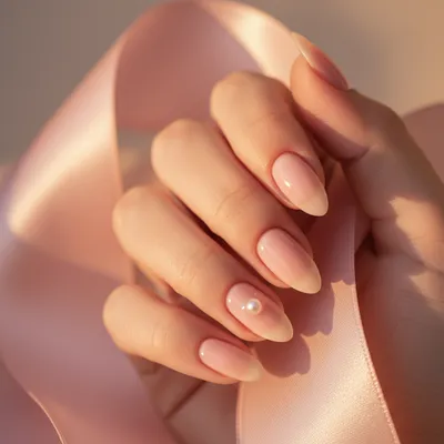 Coquette Milky-pink Almond Nails With a Single Tiny Pearl Set Into The