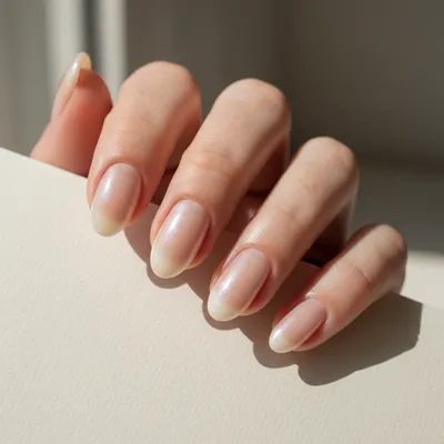 Clean-girl Glazed-donut Short Almond Nails — Milky Pearl Shimmer on a