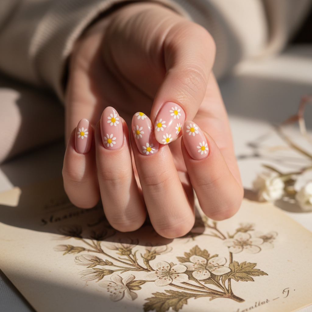 Hand-painted Daisy Floral Almond Nails — Tiny White Daisies on a Paste