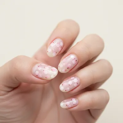 Cherry-blossom Floral Oval Nails — Micro Pink Sakura Petals on a Milky