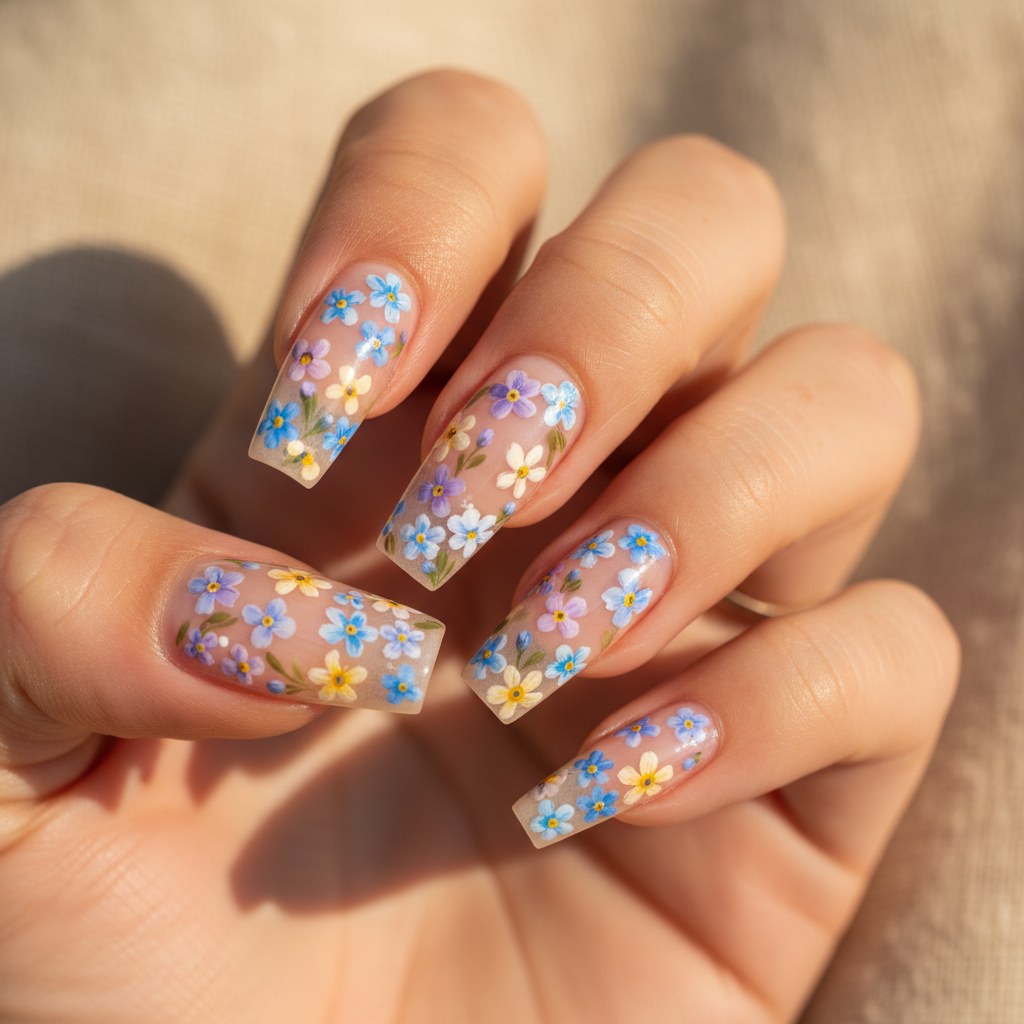 Wildflower Bouquet Floral Long Coffin Nails — Micro Hand-painted Blue