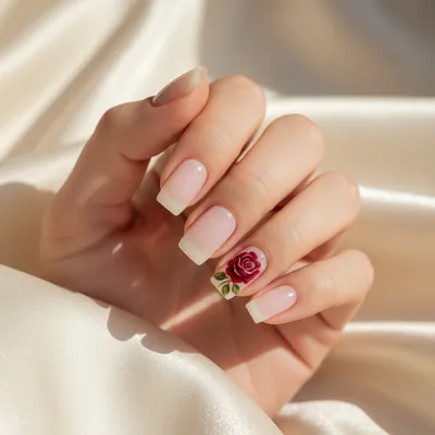 Hand-painted Rose Floral Square Nails — Single Deep Red Rose on The ri